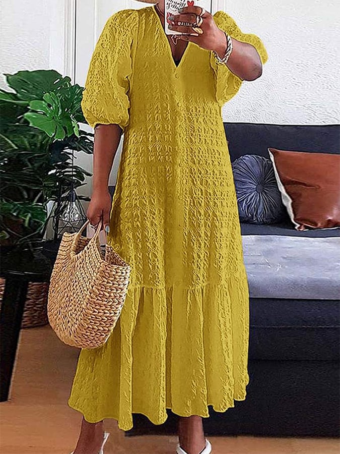 Solid V-Neck Button Pleated Casual Dress