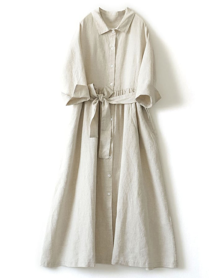 Cotton Linen Lapel Button Belt Solid Color Shirt Dress