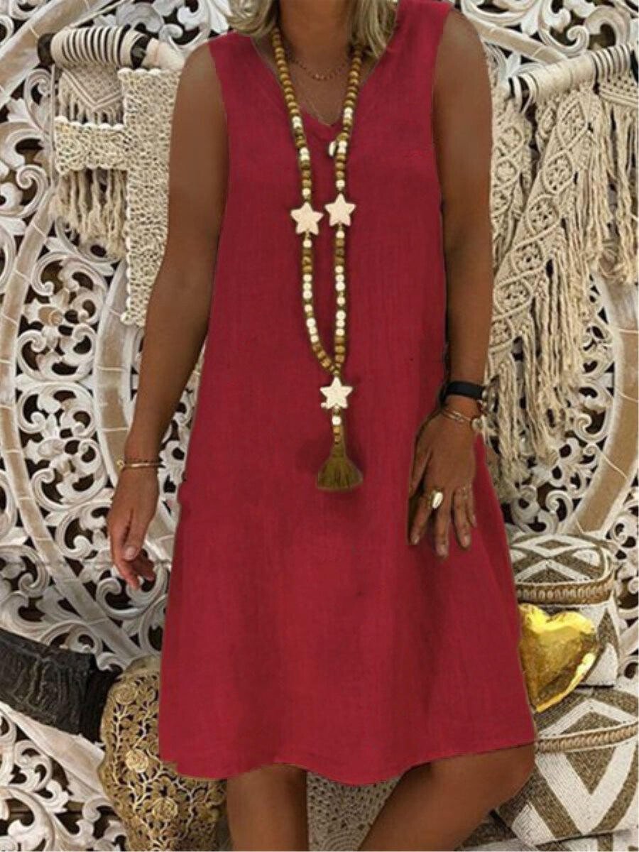 Ladies Cotton Linen V-Neck Sleeveless Tank Dress