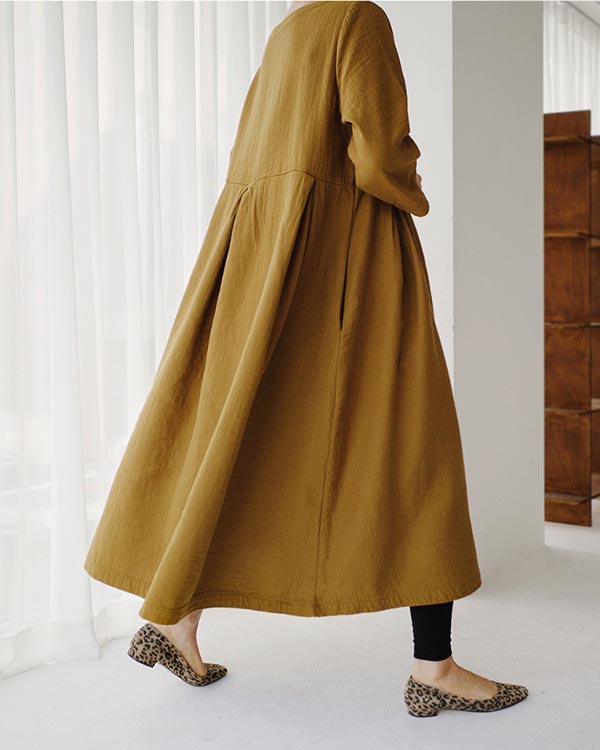 Elegant Round Neck Loose Cotton Linen Dress