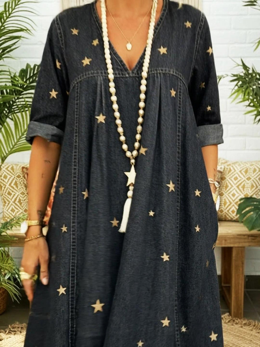 Casual Gold Star Print 100% Cotton Dress