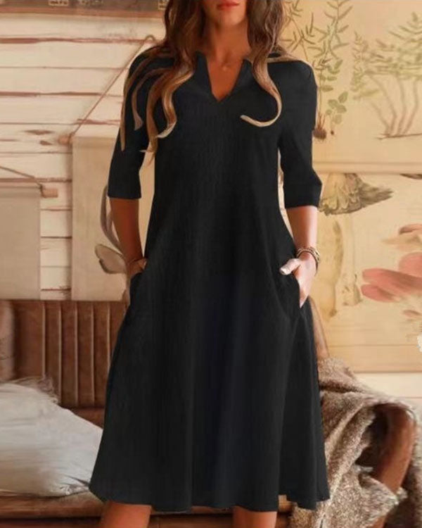 Solid Half Sleeve V Neck Pocket Linen Midi Dresses