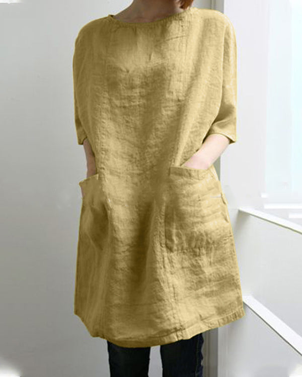 Plus Size Solid Half Sleeve Crew Neck Pocket Linen Dress