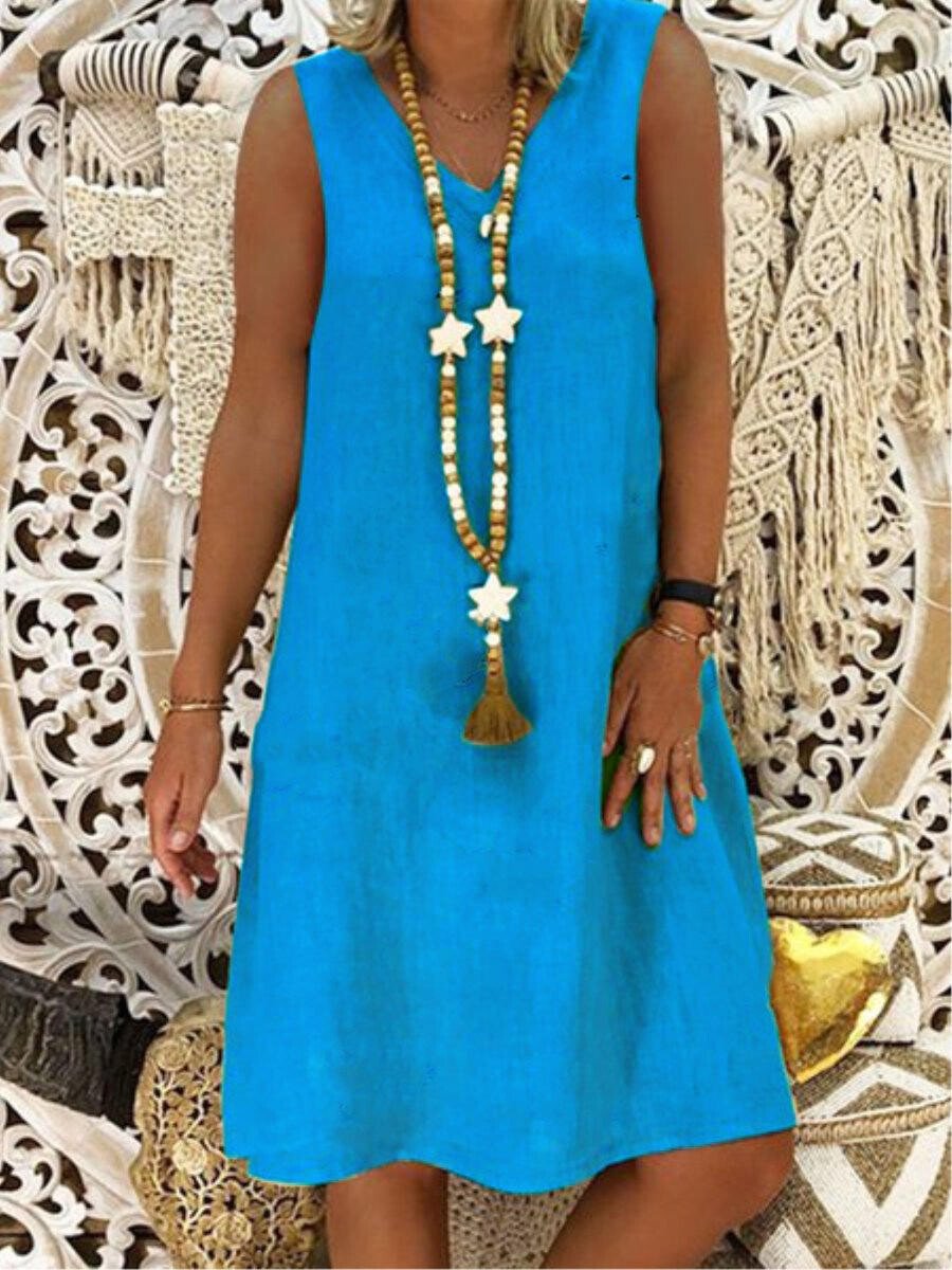 Ladies Cotton Linen V-Neck Sleeveless Tank Dress
