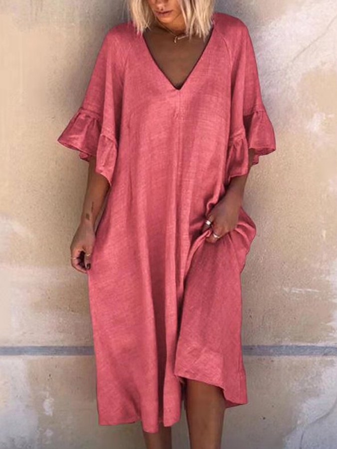 Women's Cotton Linen V-Neck Ruffled Three-quarter Sleeve Midi Dress