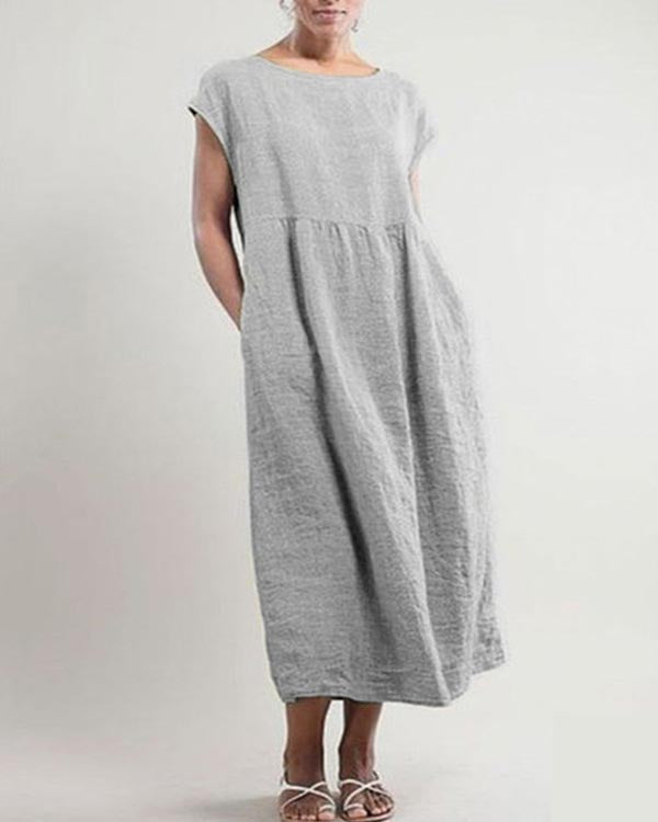 Solid Sleeveless Loose Linen Pocket Dress