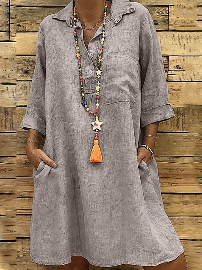 Ladies Plus Size 3/4 Sleeve Shirt Collar Casual Dress