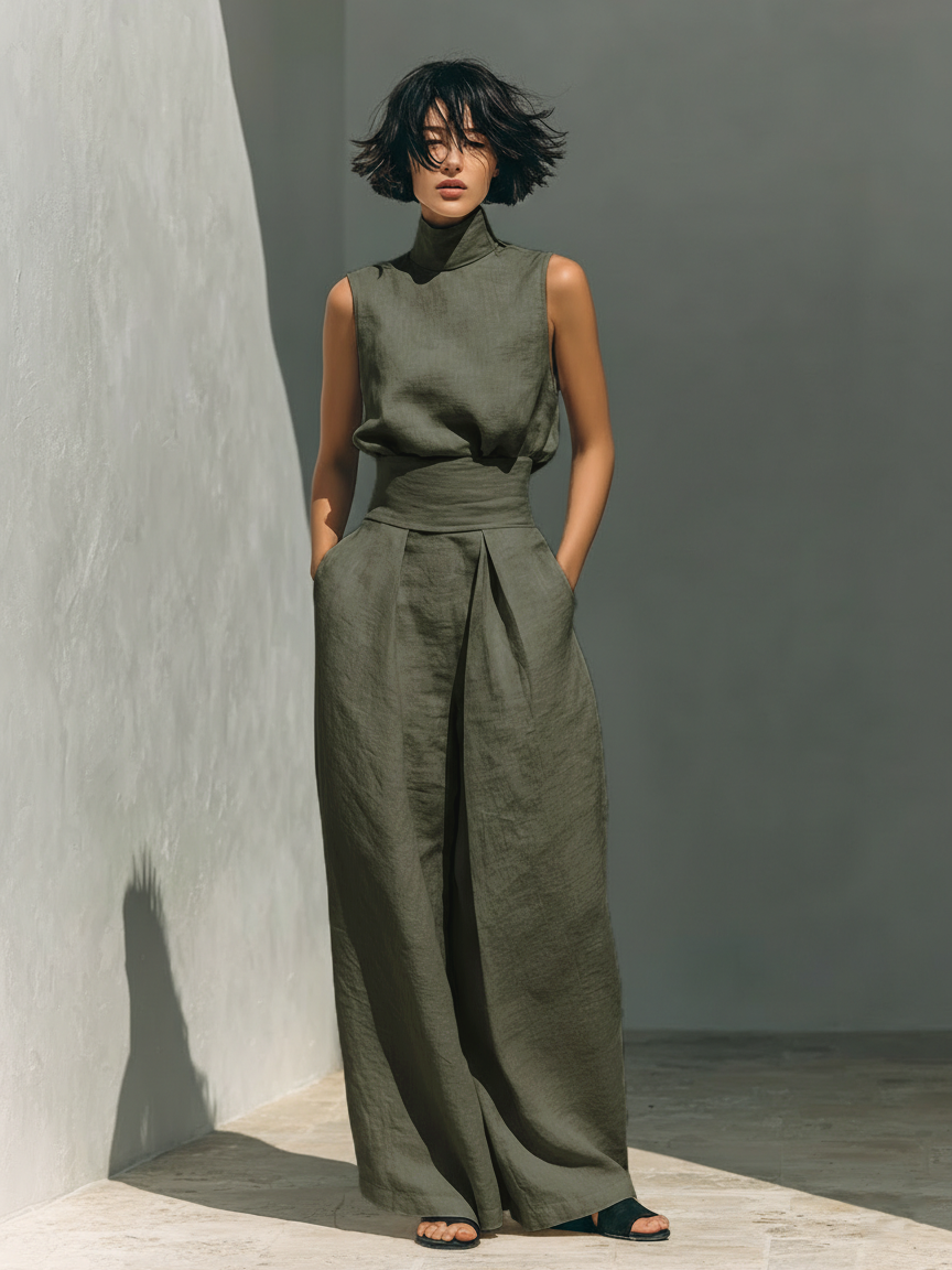 Women's Minimalist Cotton And Linen Blend Sleeveless Blouse And Wide-leg Pants Set
