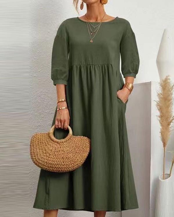 Solid Color Long Sleeve Loose Linen Slip Pocket Dress