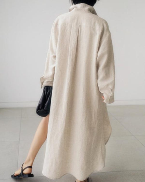 Casual Solid Color Shirt Cotton Linen Slit Dress