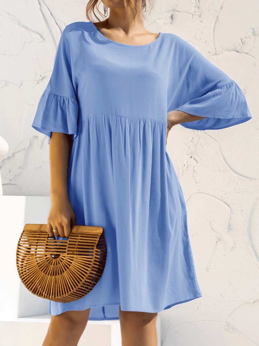 Women's Solid Color Flared Sleeve Pleated Cotton Linen Dress