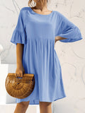 Women's Solid Color Flared Sleeve Pleated Cotton Linen Dress