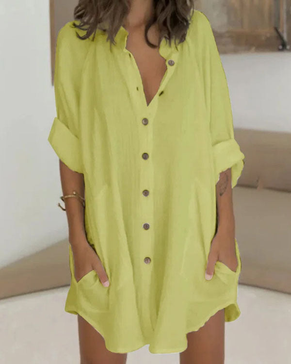 Linen Cotton Loose Button Down Shirt Dress Beach Cover Ups