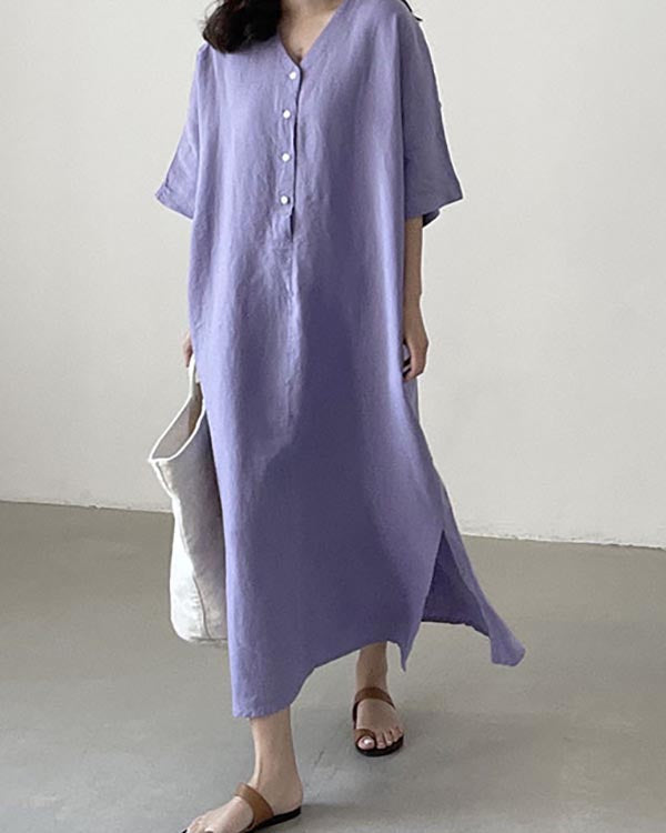Casual Loose Short-sleeved Long Cotton Linen Shirt Dress