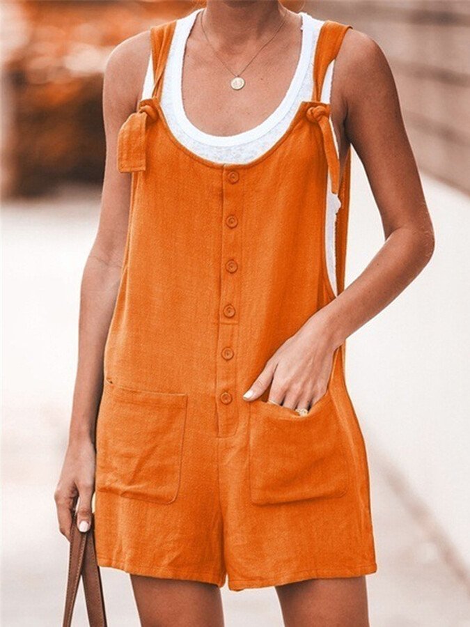 Ladies Spring/Summer Solid Color Round Neck Button Loose Short Jumpsuit