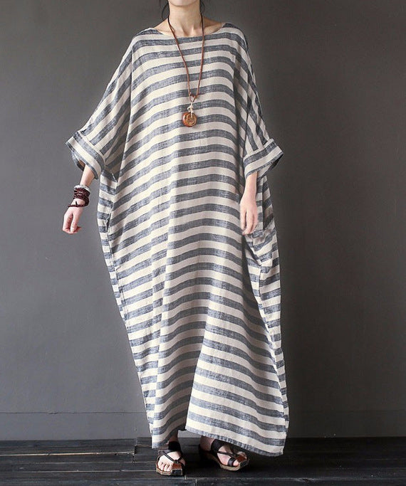Casual Cotton Linen Stripe Loose Plus Size Long Dress