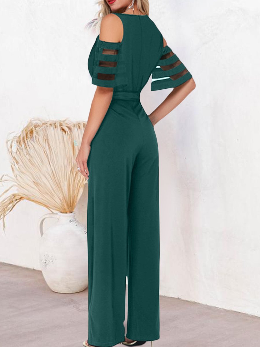 Mesh Patchwork Sleeves V Neck Formal Dressy Jumpsuit