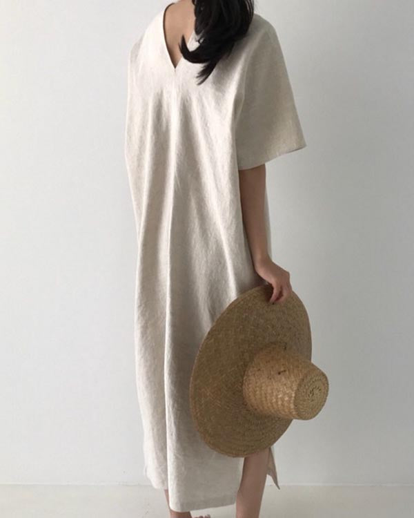 Vintage Linen Loose V-Neck Short Sleeve Dress