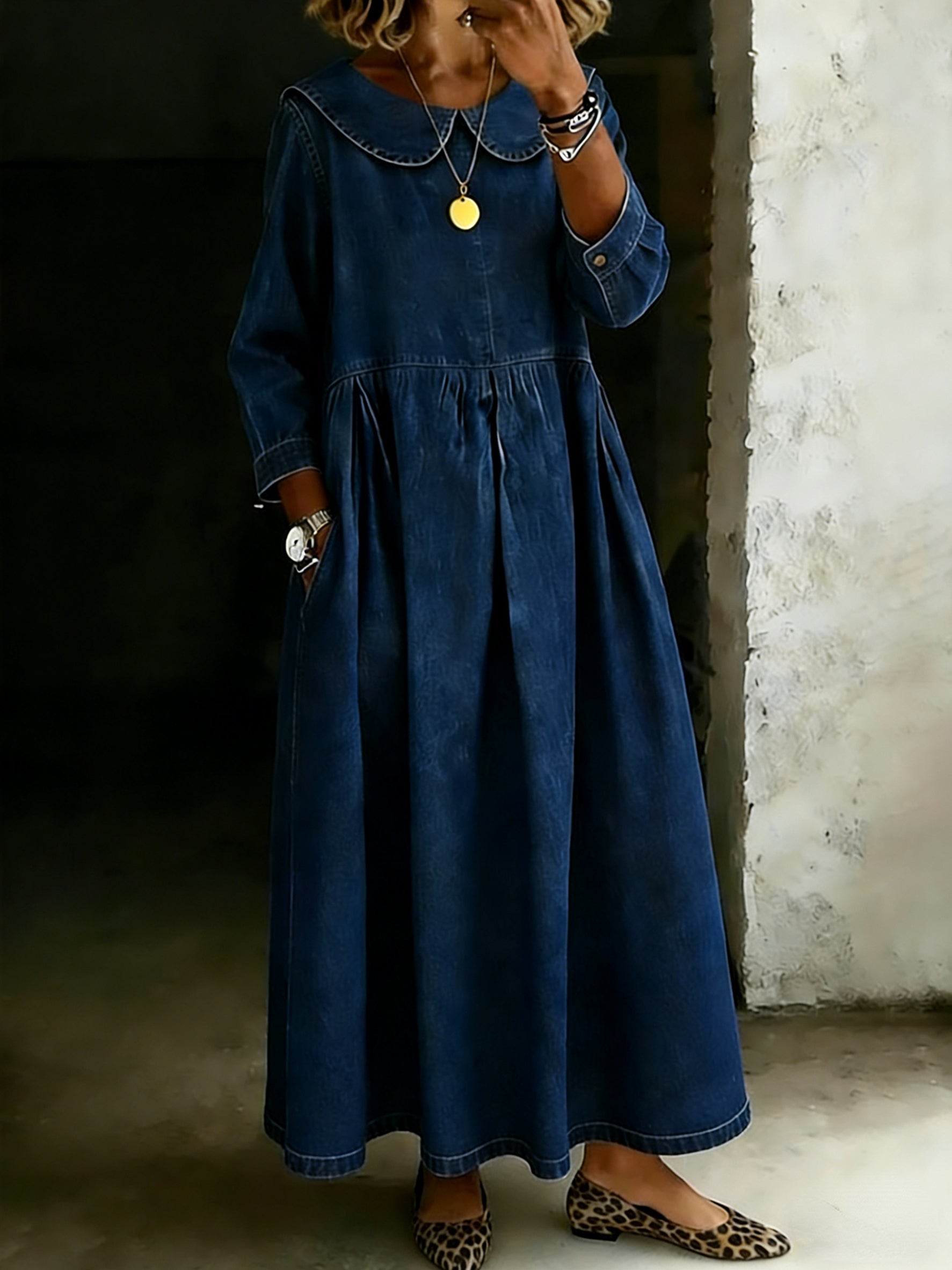 Women's Solid Color Peter Pan Collar Long-sleeved Casual Loose Denim Dress