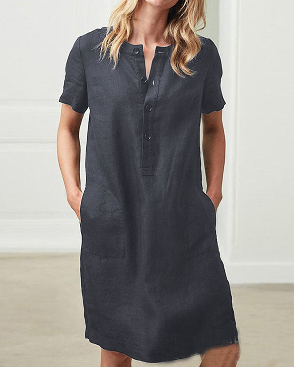 Short Sleeve Button Linen Dresses
