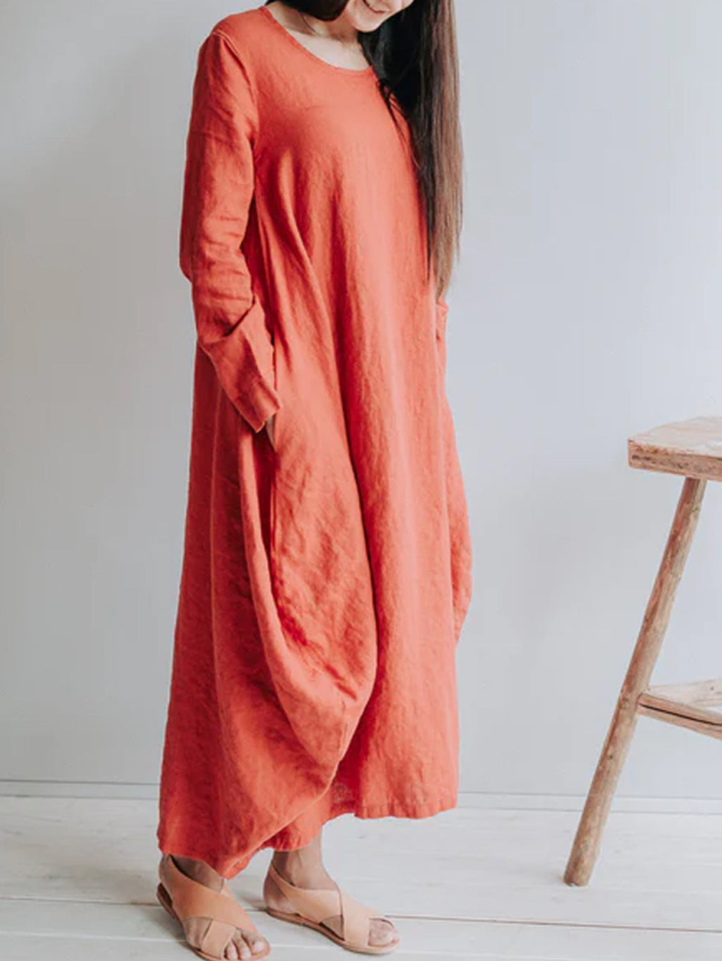 Classic Solid Round Neck Linen Maxi Dress