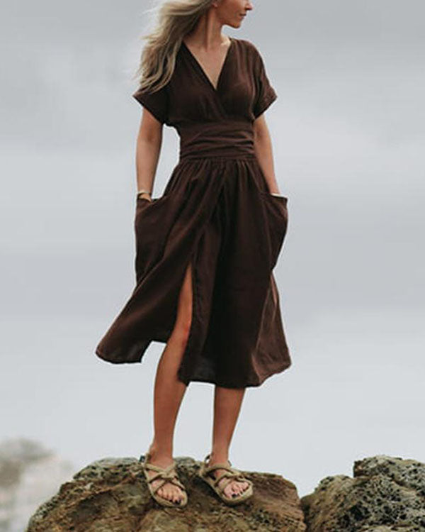 Elegant Solid V Neck Linen Bandage Waist Dresses