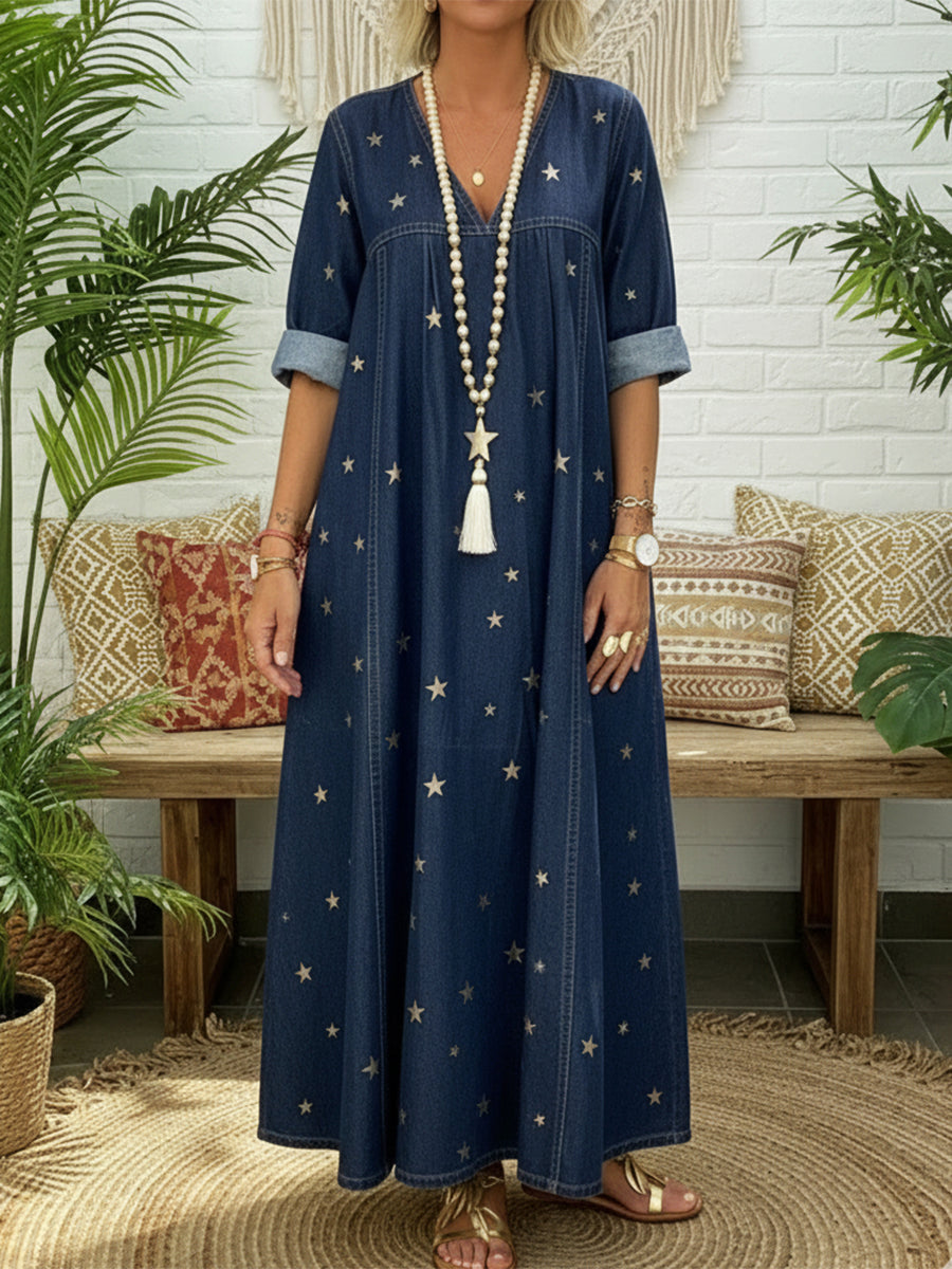Casual Gold Star Print 100% Cotton Dress