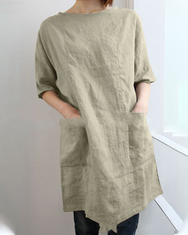 Plus Size Solid Half Sleeve Crew Neck Pocket Linen Dress