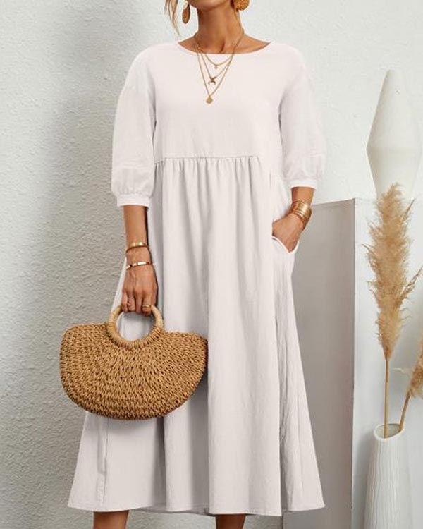 Solid Color Long Sleeve Loose Linen Slip Pocket Dress