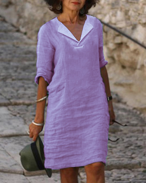 Casual Solid Color V-neck Cotton Dress