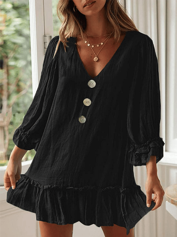 Women's Solid Color Loose Long Sleeve Ruffle Hem Cotton Linen Dress