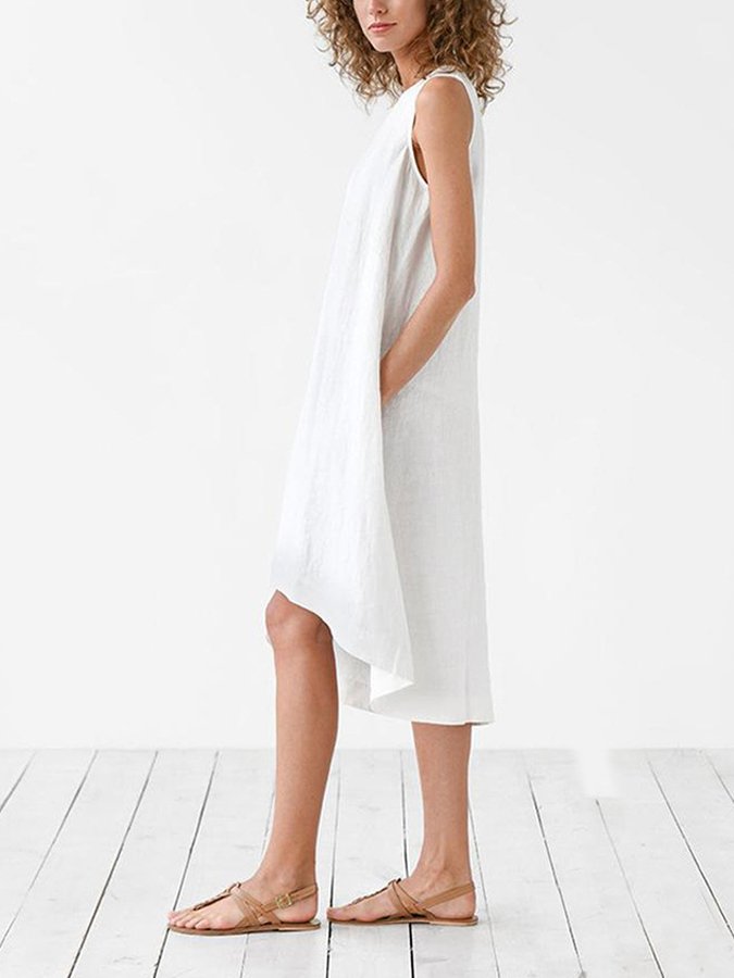 Women's Casual Solid Color Sleeveless Flowy Cotton Dress