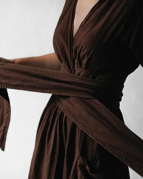 Elegant Solid V Neck Linen Bandage Waist Dresses