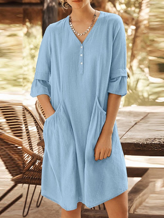 Women's Simple Fashion V Neck Big Pocket Half Sleeve Midi Dress