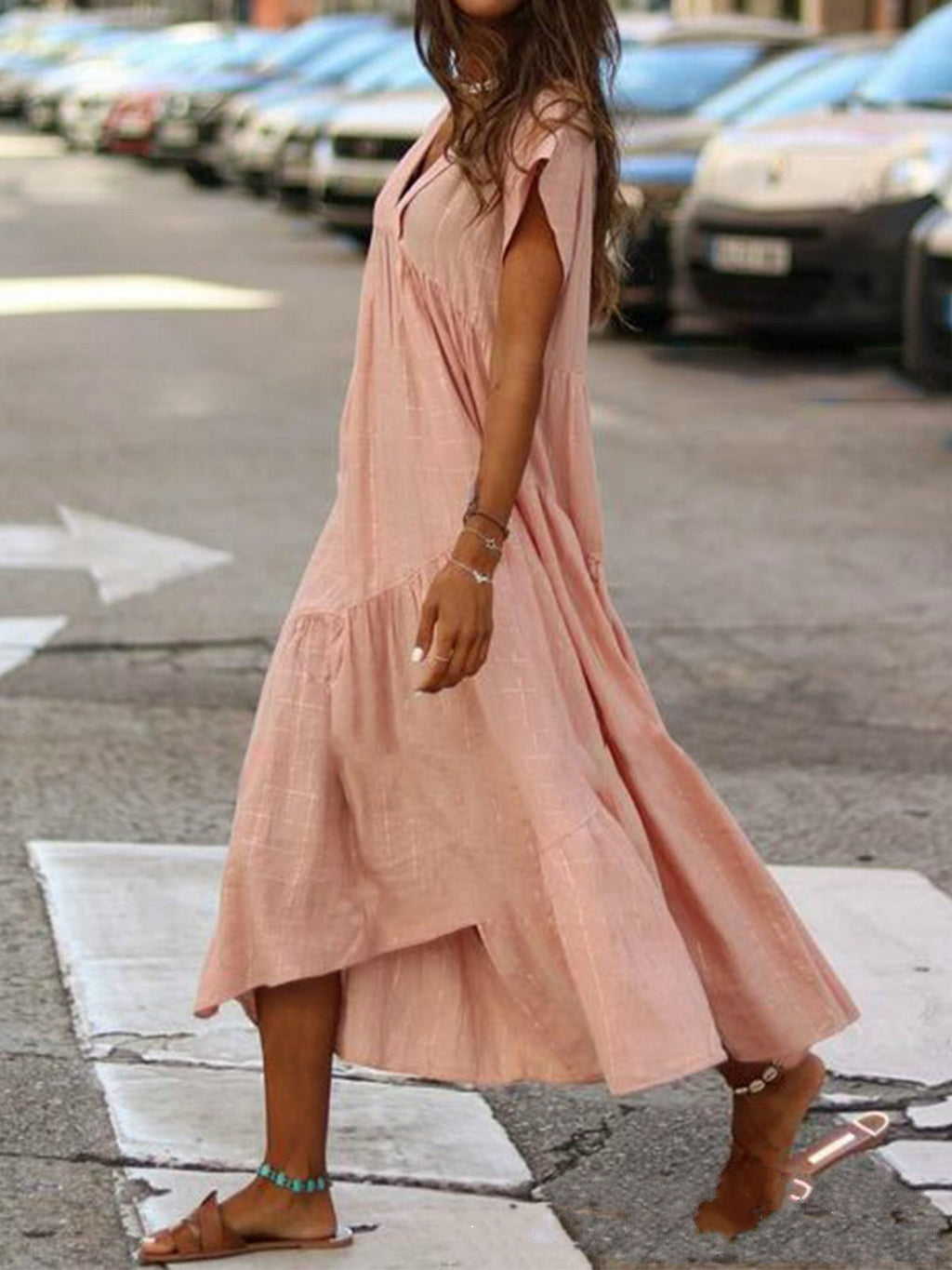 Women's Casual Solid Color Irregular Stitching V-Neck Dress