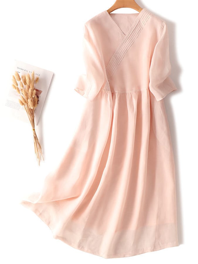 Cotton And Linen V-Neck Three-Quarter Sleeves Loose Solid Color Waist A-Line Dress