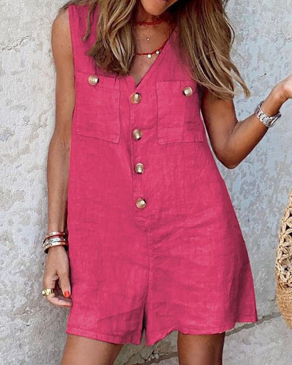 Cotton and Linen V-Neck Button Patch Pocket Jumpsuit