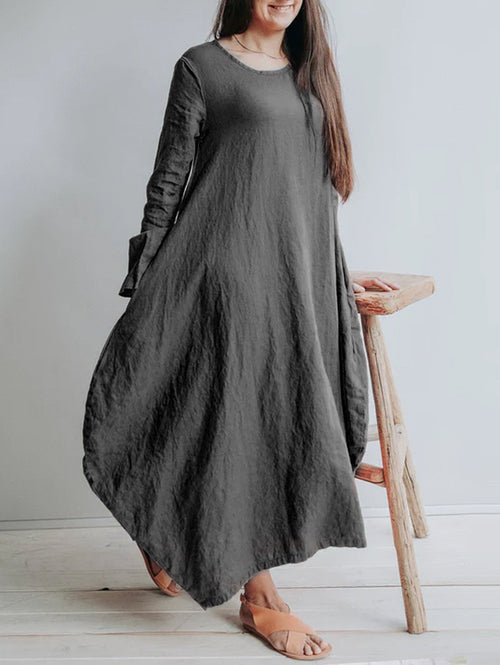 Classic Solid Round Neck Linen Maxi Dress