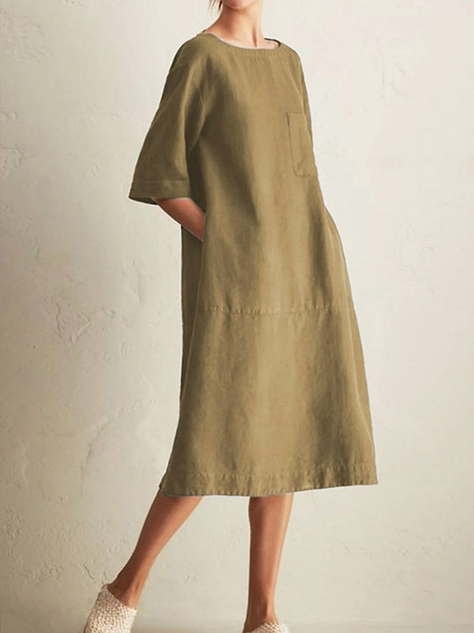 Solid Linen Crew Neck Dress