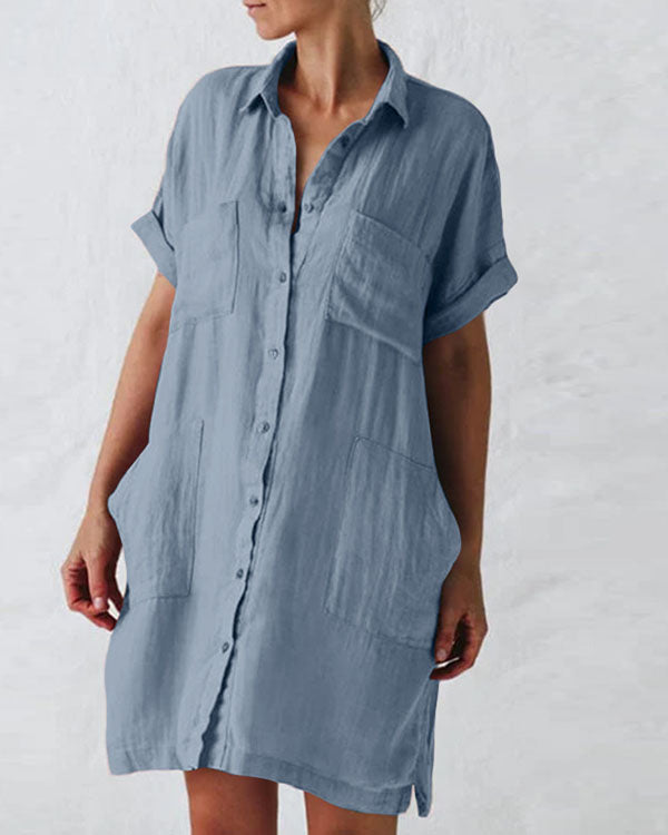 Women Plus Size Pockets Short Sleeve Button Linen Dresses