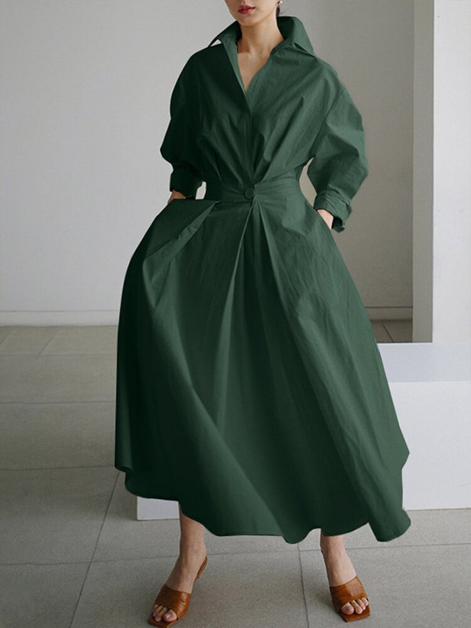 Women's Solid Pocket Button Lapel Long Sleeve Maxi Shirt Casual Dress