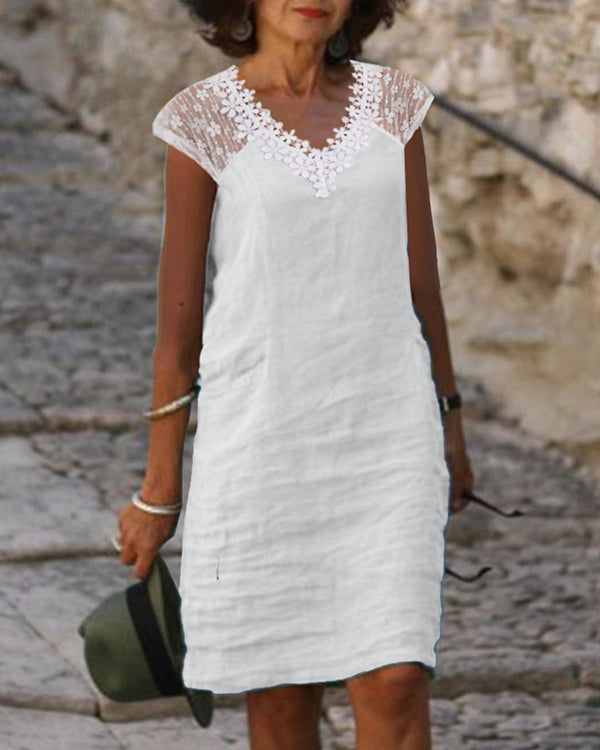 Elegant V-Neck Short Sleeve Lace Mini Dress