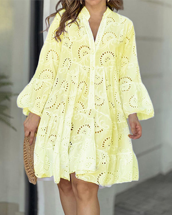 Solid Color V Neck Loose Lace Swing Dress
