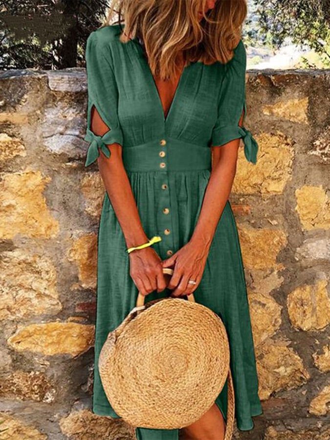 Women's Solid Cotton Linen V-Neck Tie Half-Sleeve Casual Dress