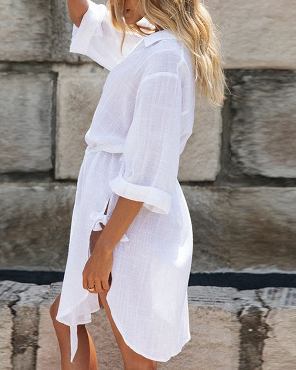 Sexy Long Sleeve Slit Linen Dress