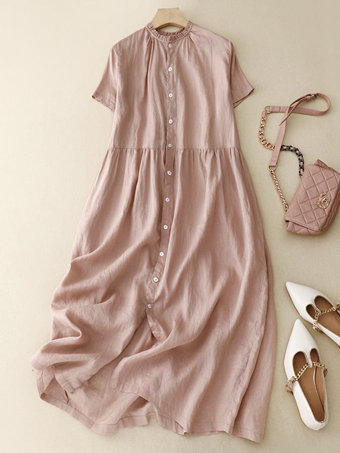 Artistic Loose Solid Short Sleeve Dress