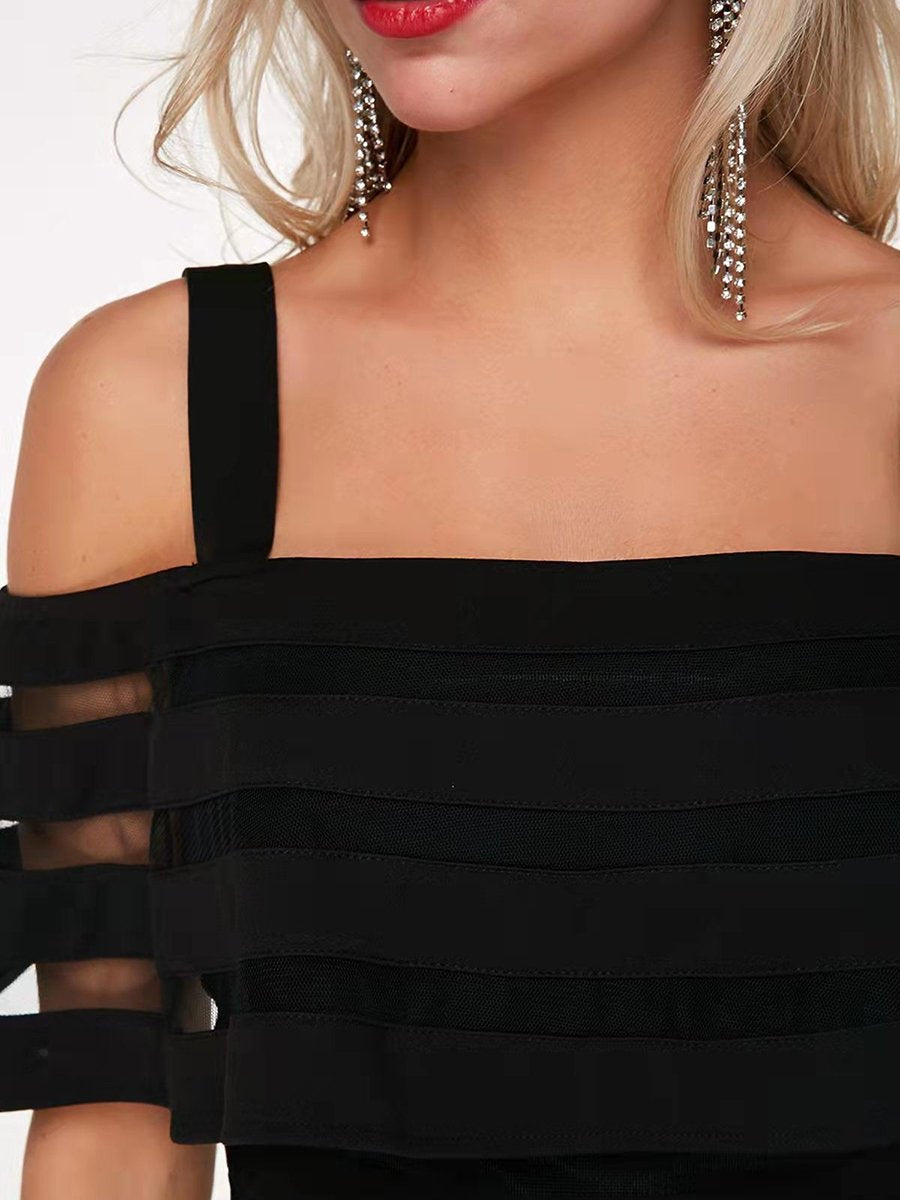 Off Shoulder Sheer Mesh Sleeves Straight  Jumpsuit