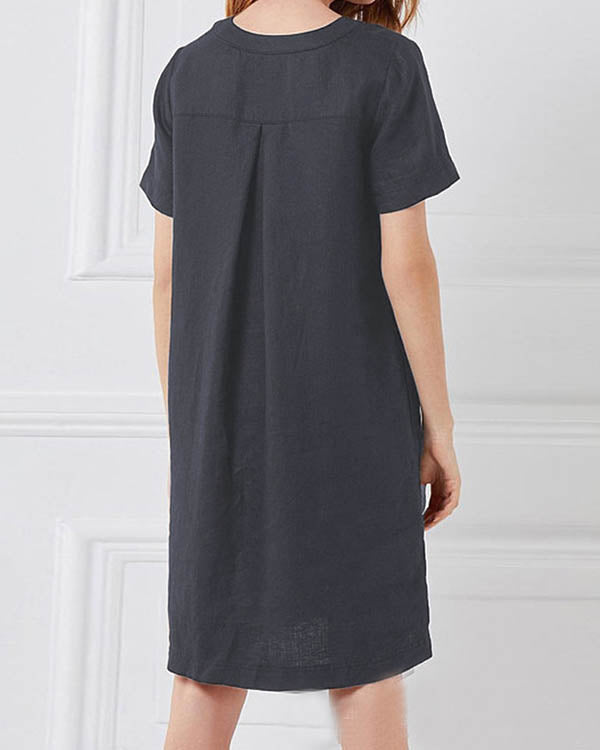 Short Sleeve Button Linen Dresses