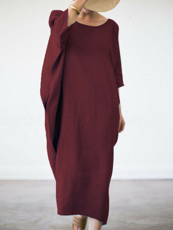 Loose Crew Neck Long Sleeve Linen Long Dress