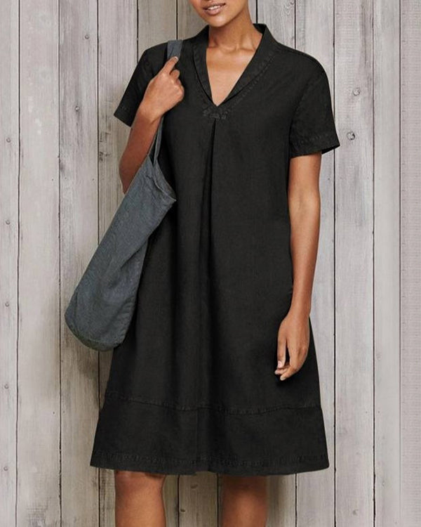 Casual Short Sleeve Pure Linen Mini Dress